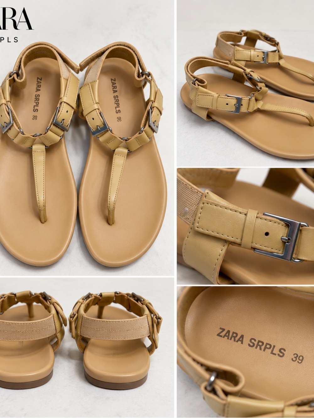 Zara Beige/Tan T‑Strap Buckle Sandals